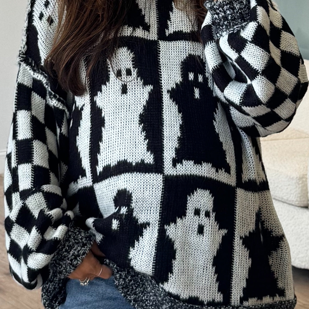 Talulah Oversized Black and White Ghost Pattern Sweater